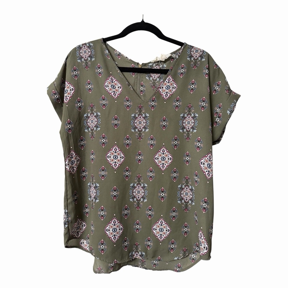 Hippie Rose Olive Floral Medallion Print V Neck Blouse Women's Medium Boho